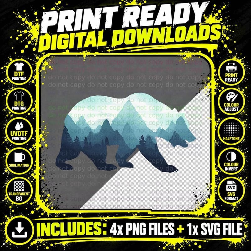 Bear Double Exposure Surreal Wildlife Animal, Nature Art Png SVG Digital Bundle