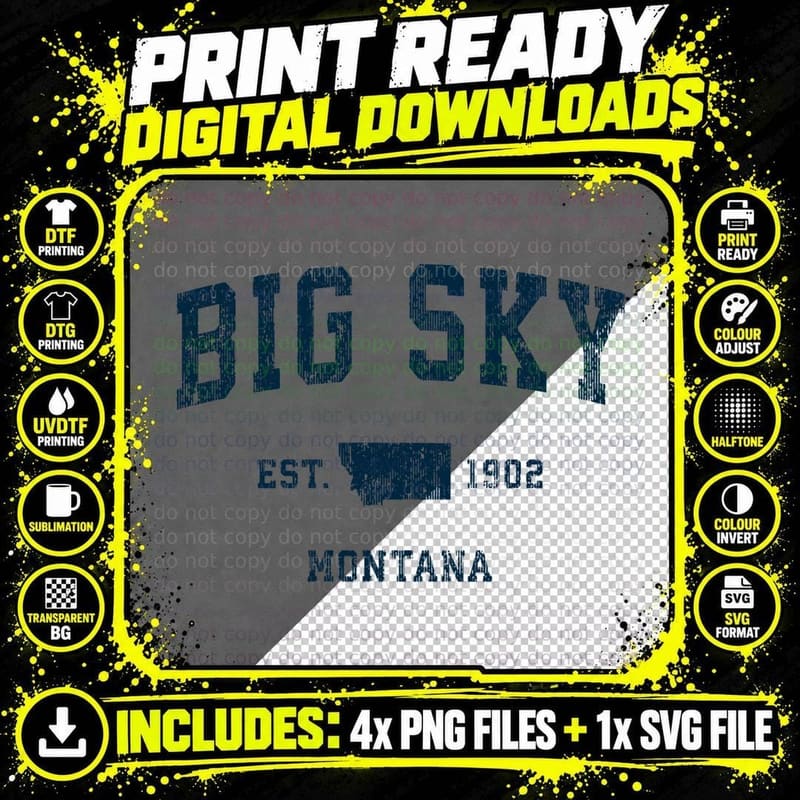Big Sky Montana Mt Vintage Sports Design Navy Print Png SVG Digital Bundle