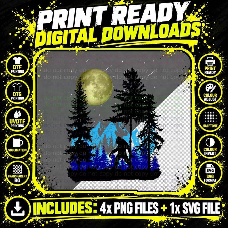 Bigfoot Hiding Under Full Moon for Sasquatch Lover Png SVG Digital Bundle