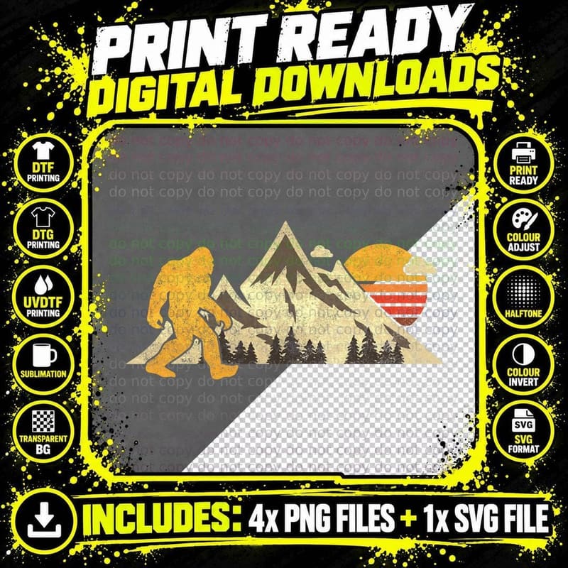 Bigfoot Vintage Shirt Mountain Sun Sasquatch Camping Png SVG Digital Bundle