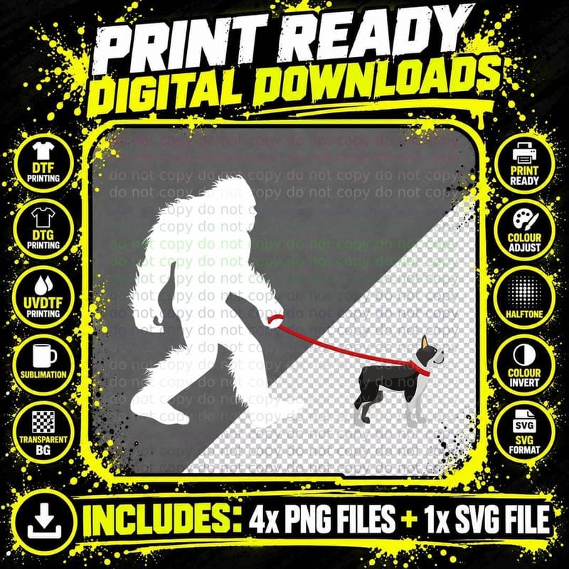 Bigfoot Walking Boston Terrier Shirt Png SVG Digital Bundle