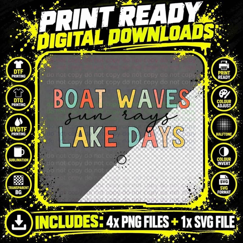 Boat Waves Sun Rays Lake Days, Summer Vacation Png SVG Digital Bundle