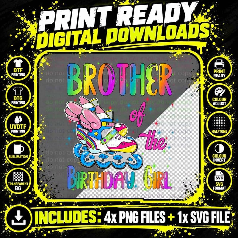 Brother of the Birthday Girl Rolling Skate Family Party Png SVG Digital Bundle