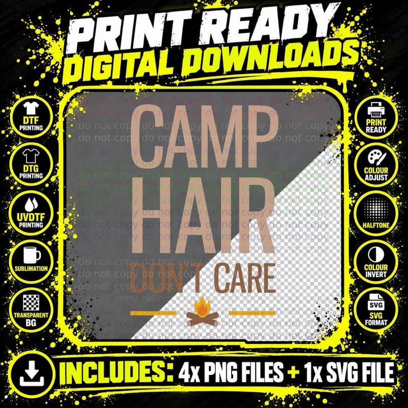 Camp Hair Don't Care Camping Outdoors Funny Gift, Men's Png SVG Digital Bundle