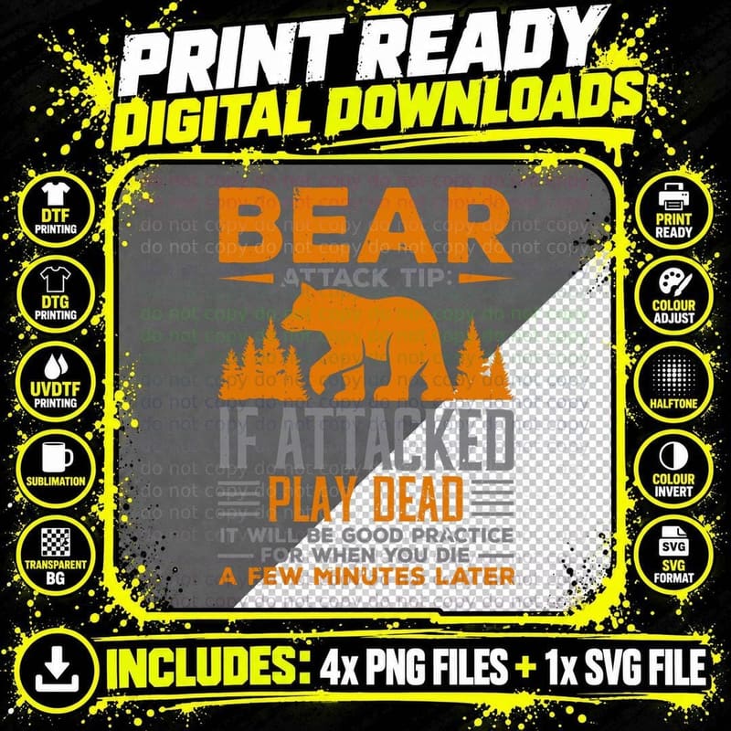Camping Camper Bear Attack Tip If Attacked Play Dead Png SVG Digital Bundle