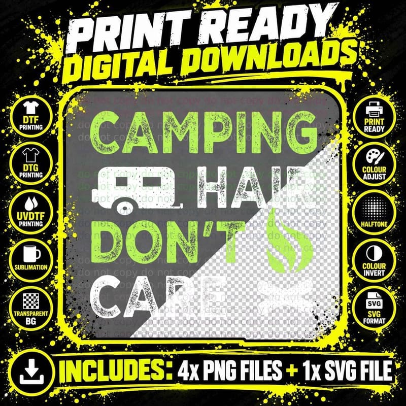 Camping Hair Don't Care - Funny Outdoors Camper Man Png SVG Digital Bundle