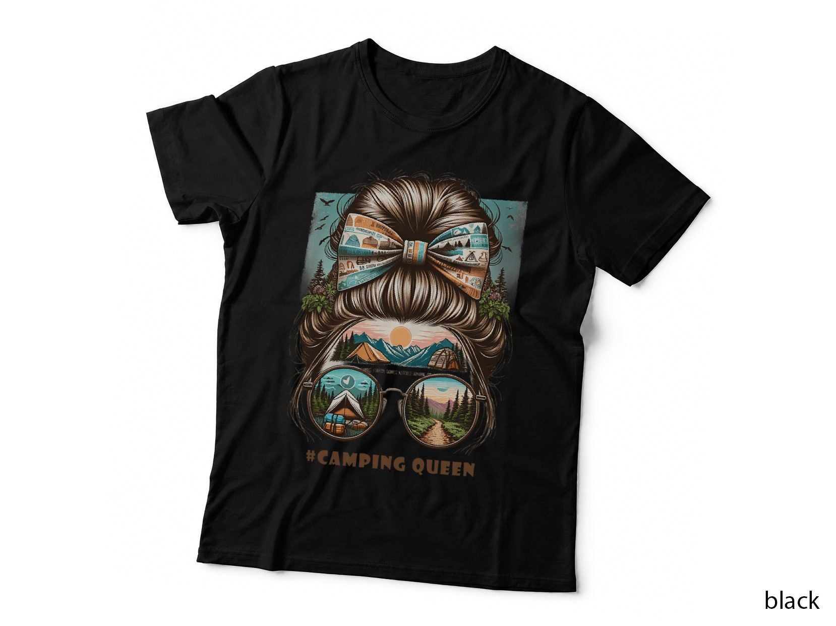 Camping Queen Hair Messy Bun Outdoor of Happy Campers T-Shirt