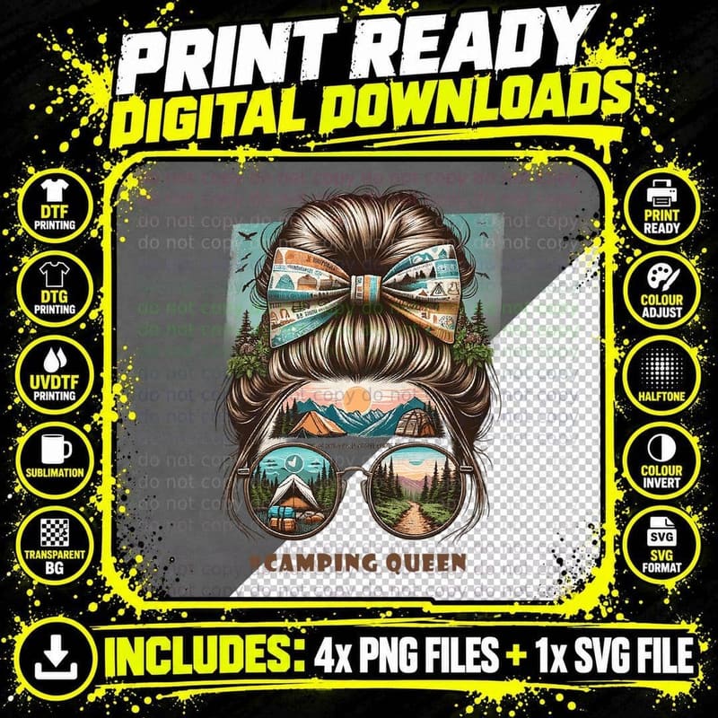 Camping Queen Hair Messy Bun Outdoor of Happy Campers Png SVG Digital Bundle