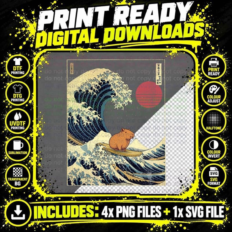 Capybara Japanese Kanagawa Wave Funny Surf Animal Png SVG Digital Bundle