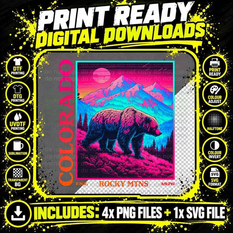 Colorado Mountain Bear Moon Retro Vintage 80s Bear Png SVG Digital Bundle