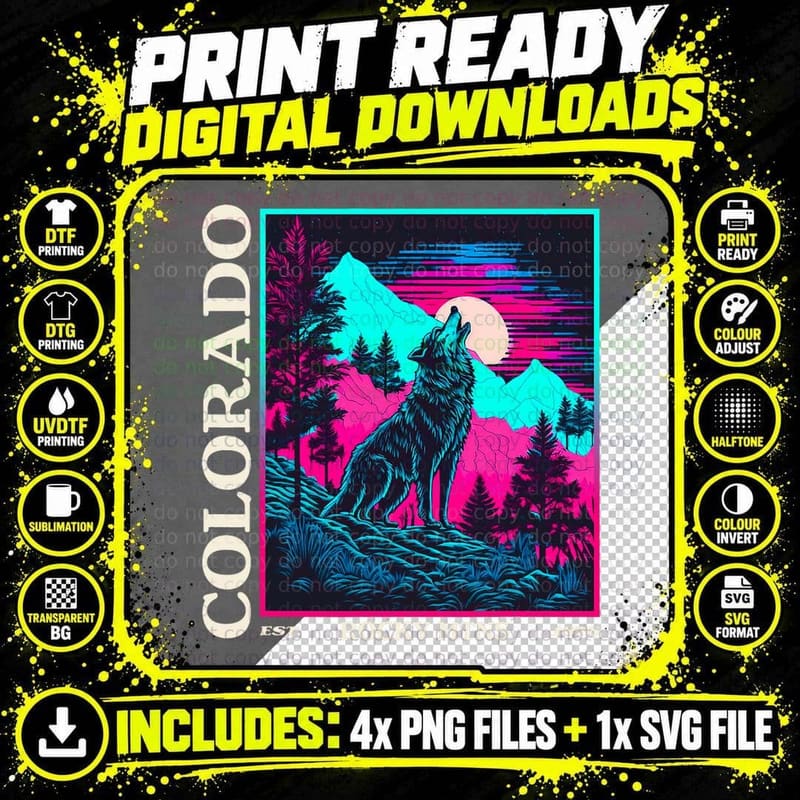Colorado Mountain Wolf Moon Retro Vintage 80s Wolf Png SVG Digital Bundle