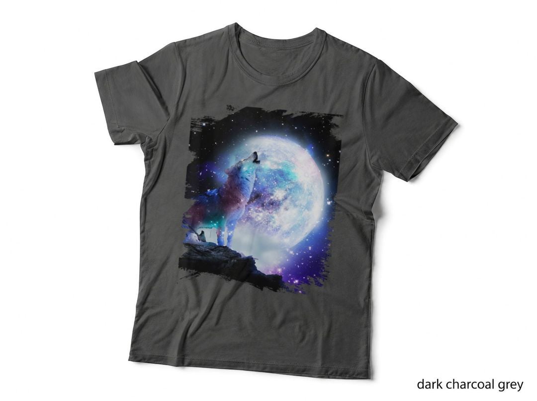 Cosmic Space Wolf Wolves Howling at Moon, Galaxy, Celestial Theme T-Shirt
