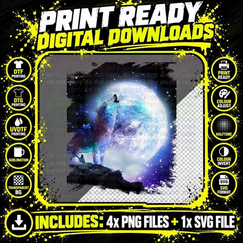Cosmic Space Wolf Wolves Howling at Moon, Galaxy Png SVG Digital Bundle