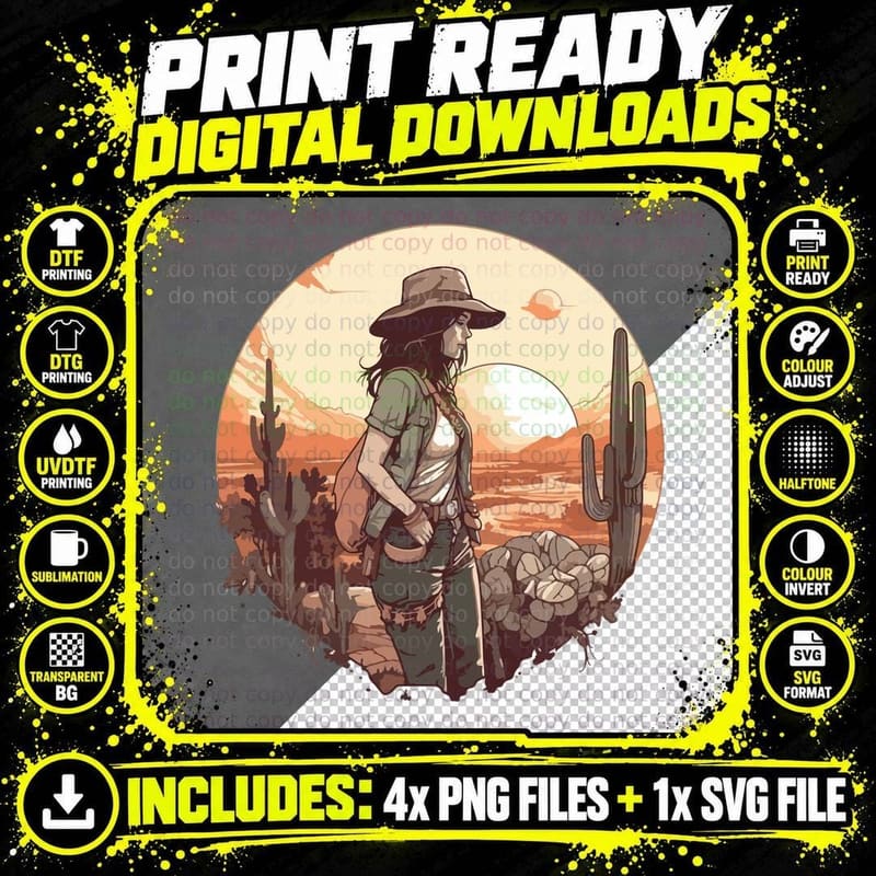Desert Adventure Woman in Hat Western T-Shirt Png SVG Digital Bundle