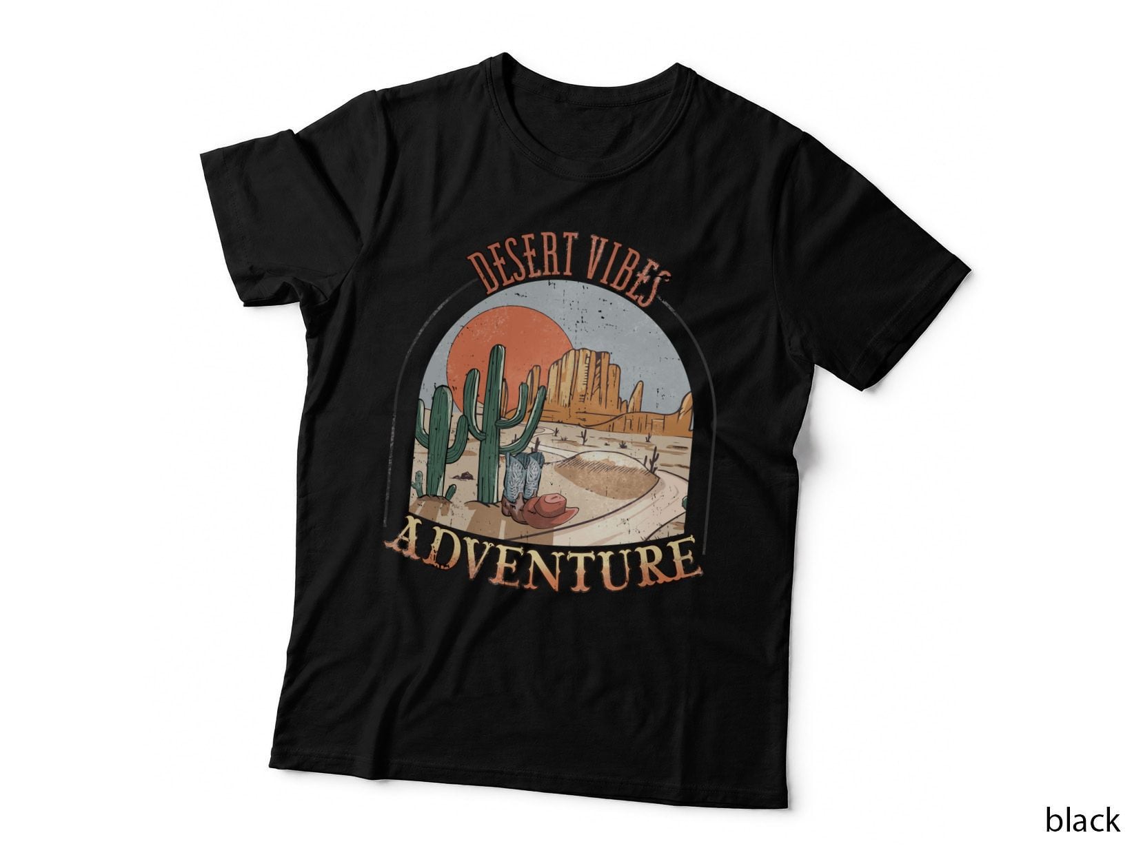 Desert Vibes Adventure Western T-Shirt, Desert Landscape with Cacti and Graphic