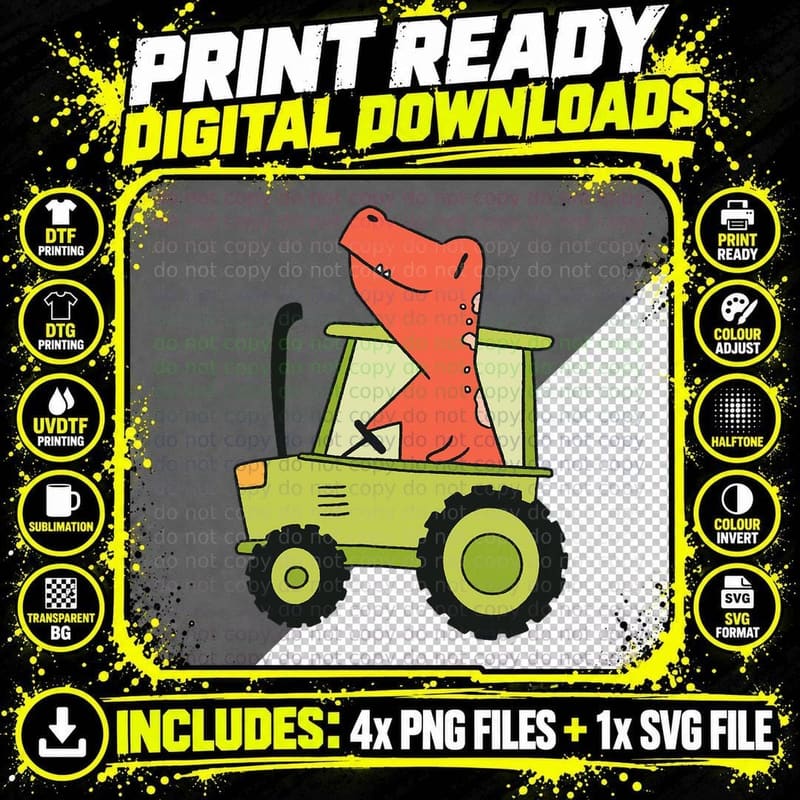 Dinosaur Riding a Tractor Birthday Boys Kids Png SVG Digital Bundle