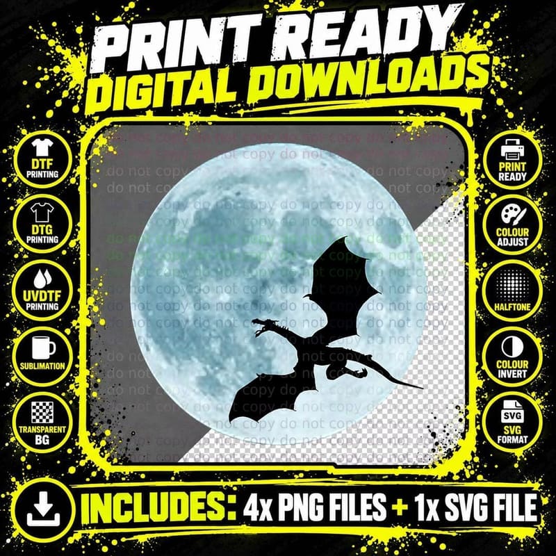 Flying Dragon by the Moon, Fantasy Art, Night Sky Png SVG Digital Bundle