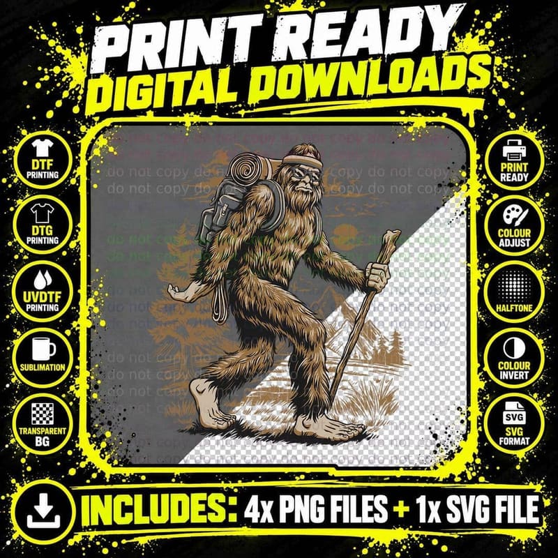 Funny Bigfoot Sasquatch Hiker Hiking Retro Outdoor Png SVG Digital Bundle