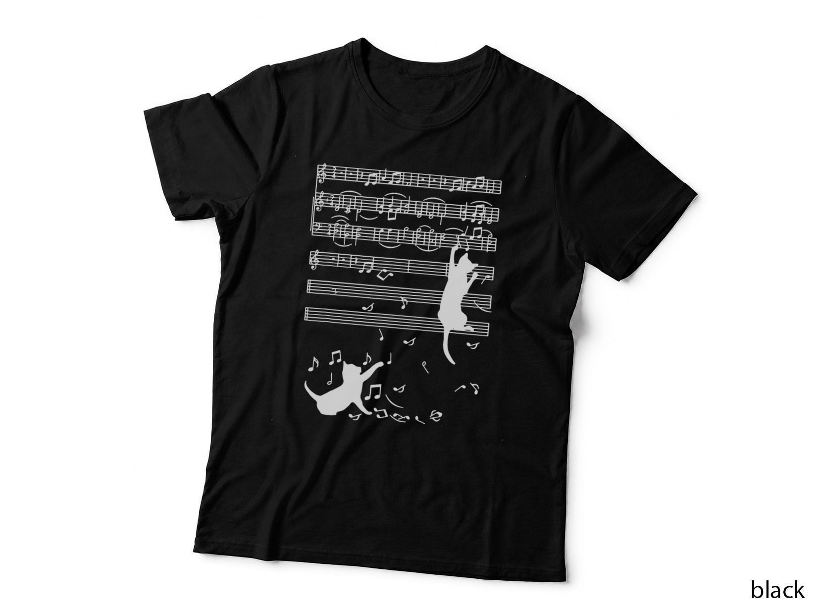Funny Black Cat Climbing Playing Sheet Music Note Gift Idea T-Shirt