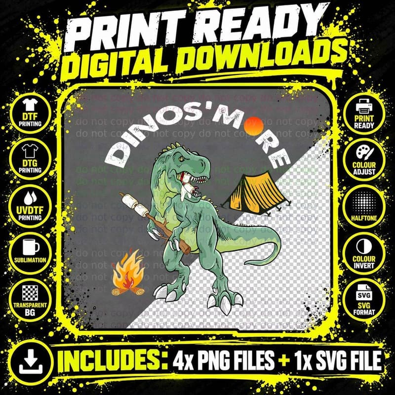 Funny Camping Dinosaur Campfire Dinos'more Camp Smore Png SVG Digital Bundle