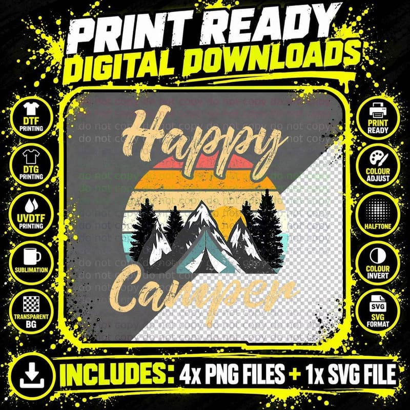 Funny Camping Hiking Lover Present Happy Camper T-Shirt Png SVG Digital Bundle