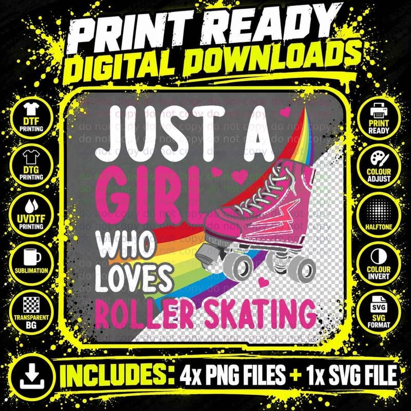 Funny Roller Skating Art Girls Women Kids Roller Disco Png SVG Digital Bundle