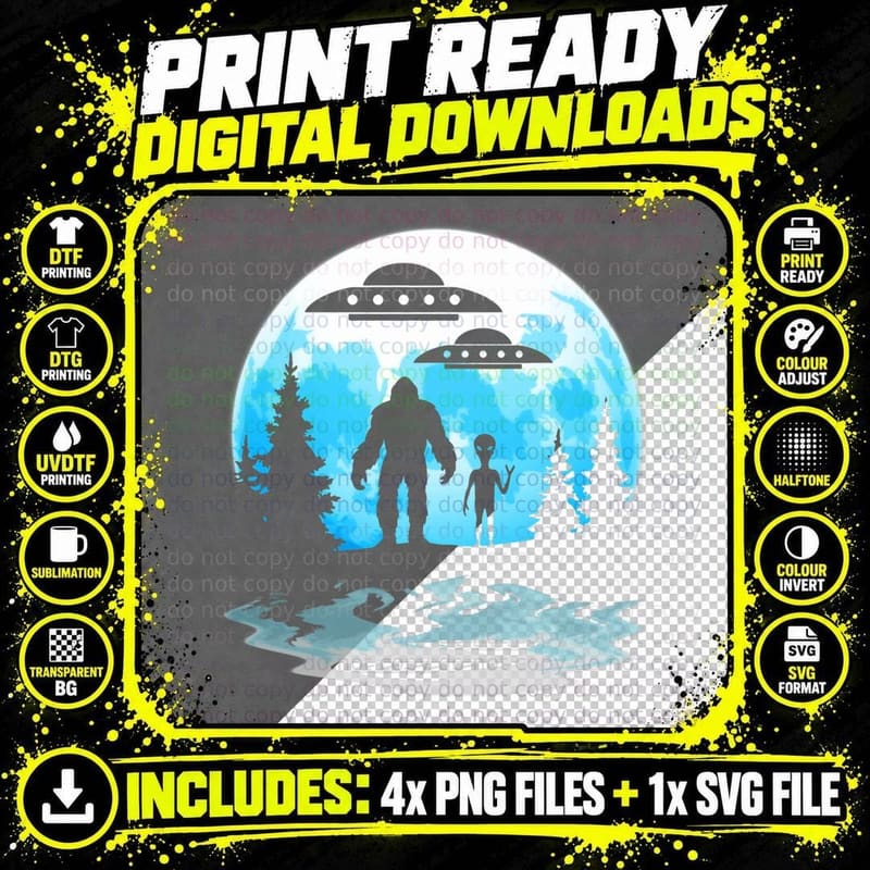 Funny UFO Alien Bigfoot Abduction Cool Moon Camping Crew Png SVG Digital Bundle