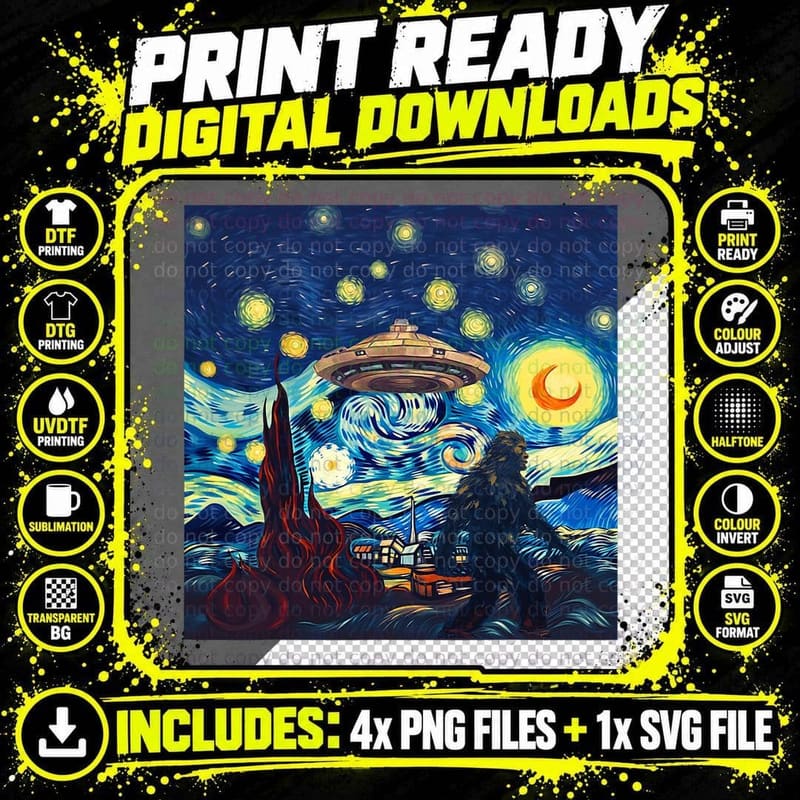Funny UFO Bigfoot Starry Night Alien Art Camping Yeti Png SVG Digital Bundle