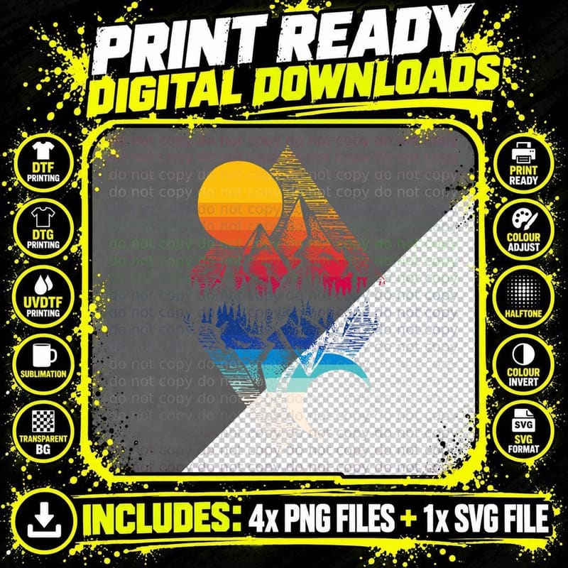 Geometric Mountain Art Sun and Moon Camping Lover Hiking Png SVG Digital Bundle