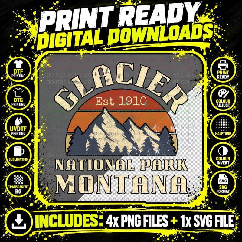Glacier National Park Montana Mountain Hiking Outdoors Png SVG Digital Bundle