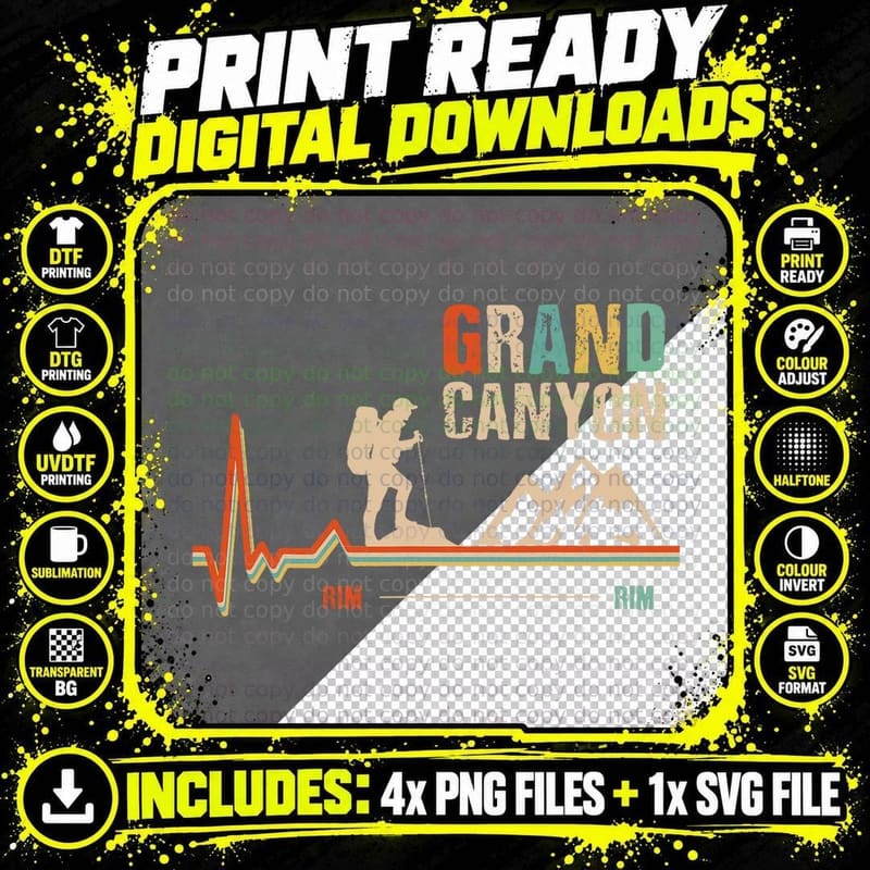 Grand Canyon National Park - Rim - Rim - Retro Hiking Png SVG Digital Bundle