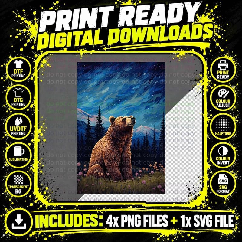 Grizzly Bear Starry Night Sky Mountain Wilderness Nature Png SVG Digital Bundle
