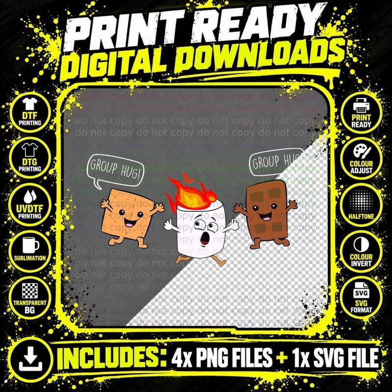Group Hug Camping Campfire Chocolate Marshmallow S'mores Png SVG Digital Bundle