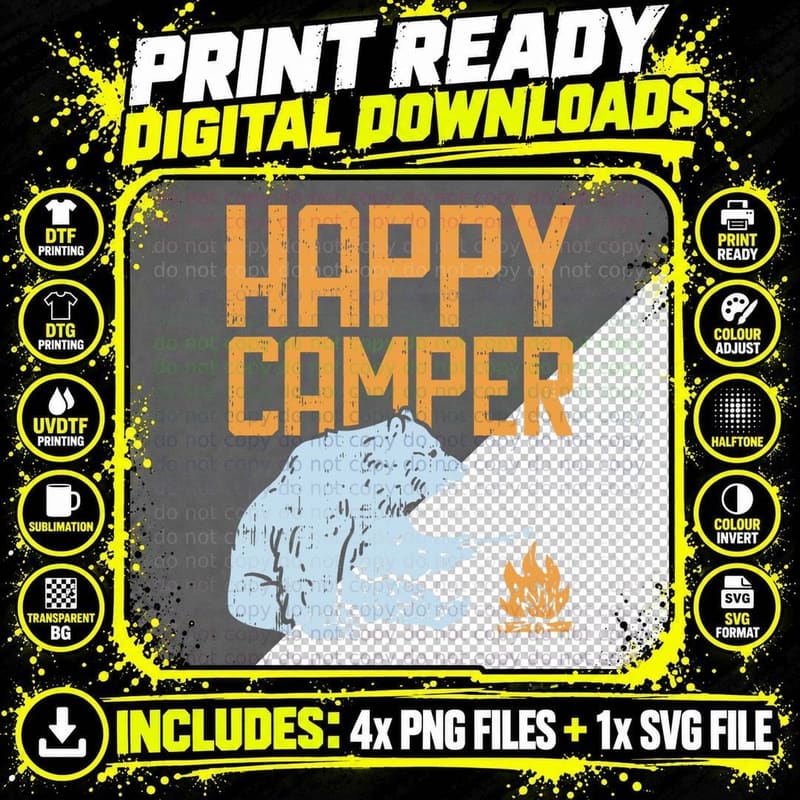 Happy Camper Bear Vacation Hiking Camp Campfire Camping Png SVG Digital Bundle