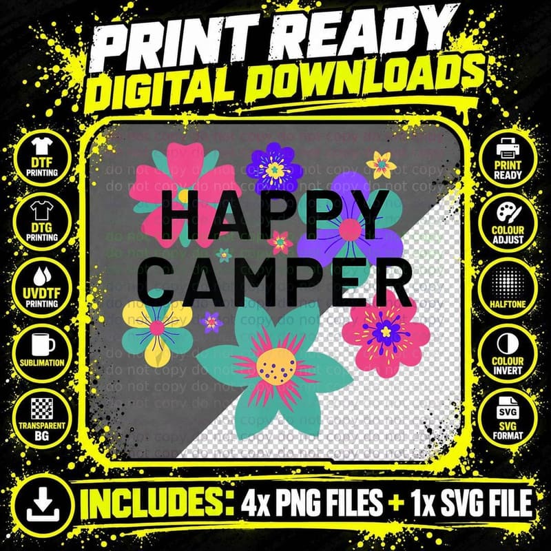Happy Camper Floral Layering Flowers Camping for Women Png SVG Digital Bundle
