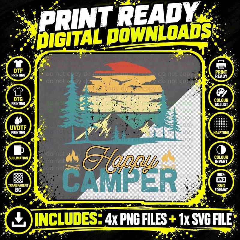 Happy Camper Retro Vintage Funny Matching Camping Crew Png SVG Digital Bundle