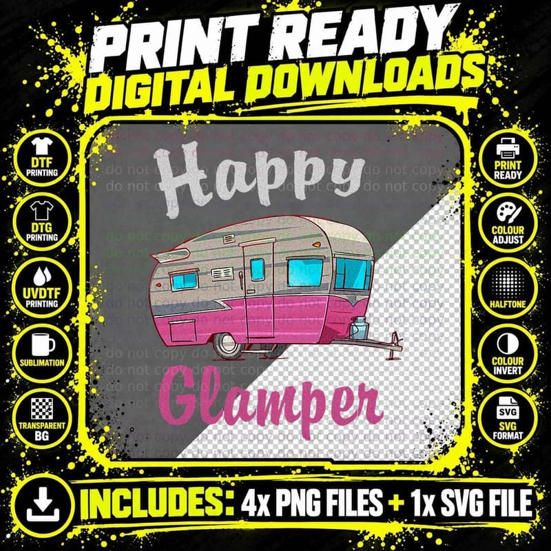 Happy Glamper Camping Lover Girl Camper Camp Vacation Png SVG Digital Bundle