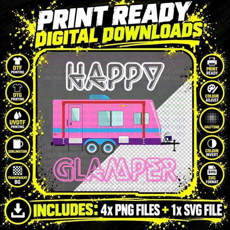 Happy Glamper RV Camper Camping T-Shirt Png SVG Digital Bundle