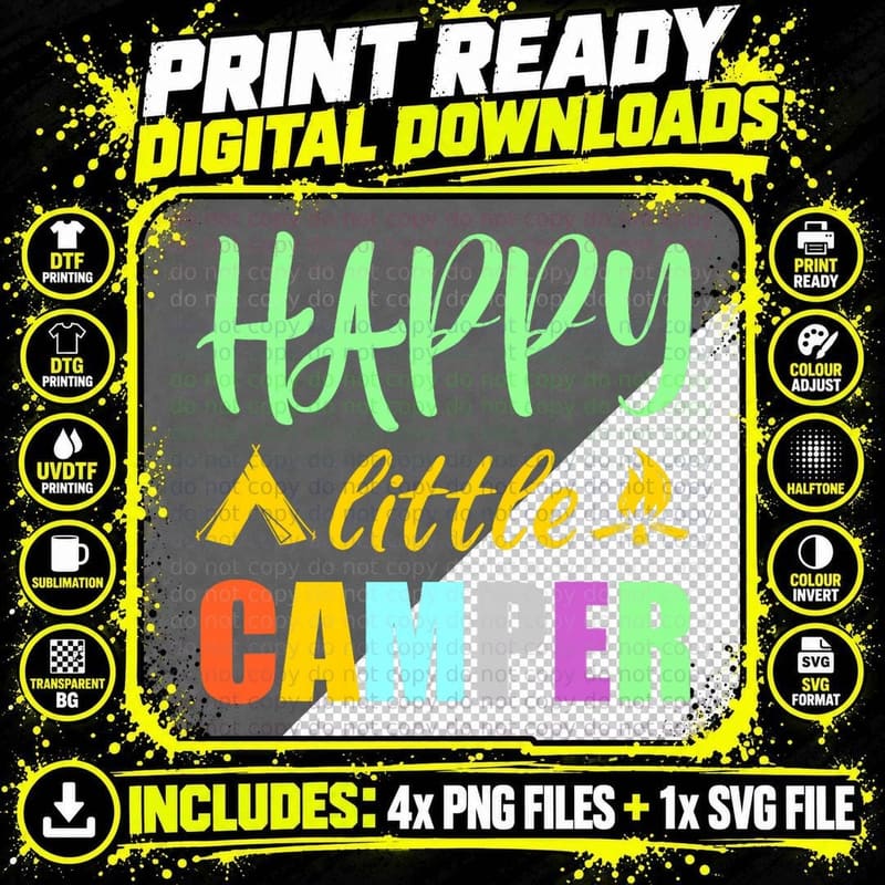 Happy Little Camper Tent Campfire for Camping Kids Png SVG Digital Bundle