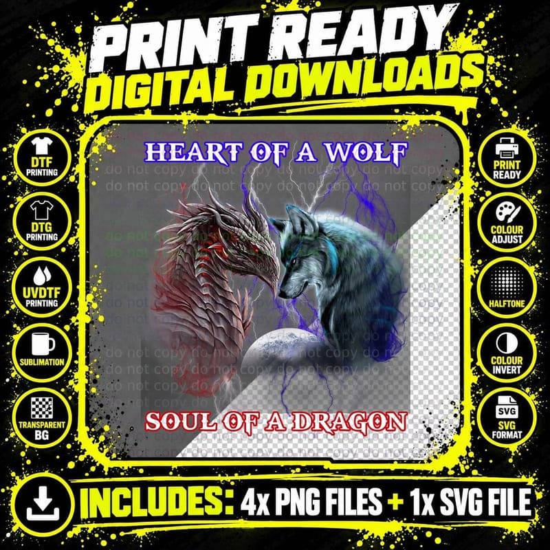 Heart of Wolf Soul of a Dragon, Fantasy, Mythical Png SVG Digital Bundle
