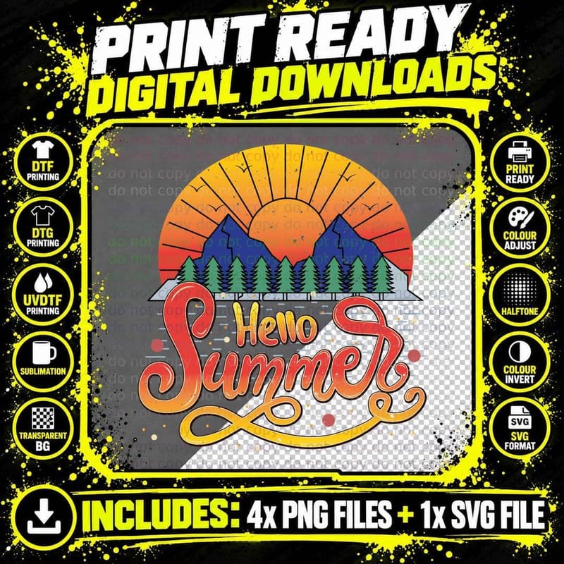 Hello Summer6 Summer T-Shirt, Mountain Landscape Sunset Png SVG Digital Bundle