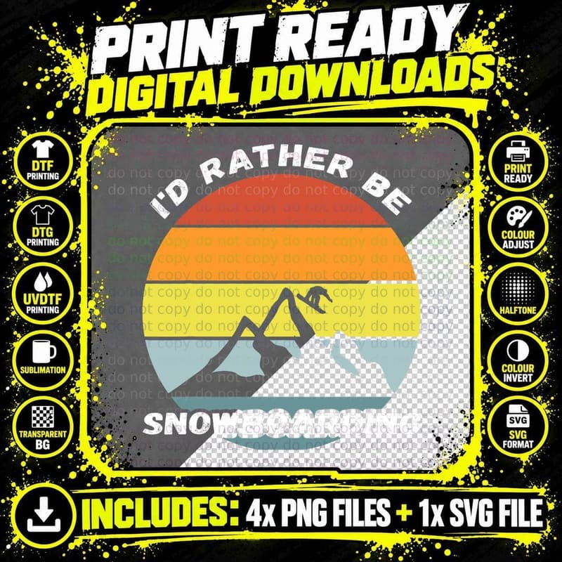 I'd Rather Be Snowboarding Retro Vintage Snowboard Png SVG Digital Bundle