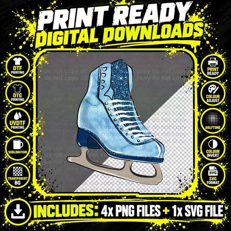 Ice Skate Glittering Blue Sky Winter T-Shirt Png SVG Digital Bundle