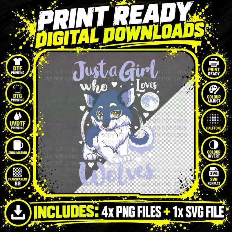 Just a Girl Who Loves Wolves Cute Wolf Lover Gift, Wolf Png SVG Digital Bundle
