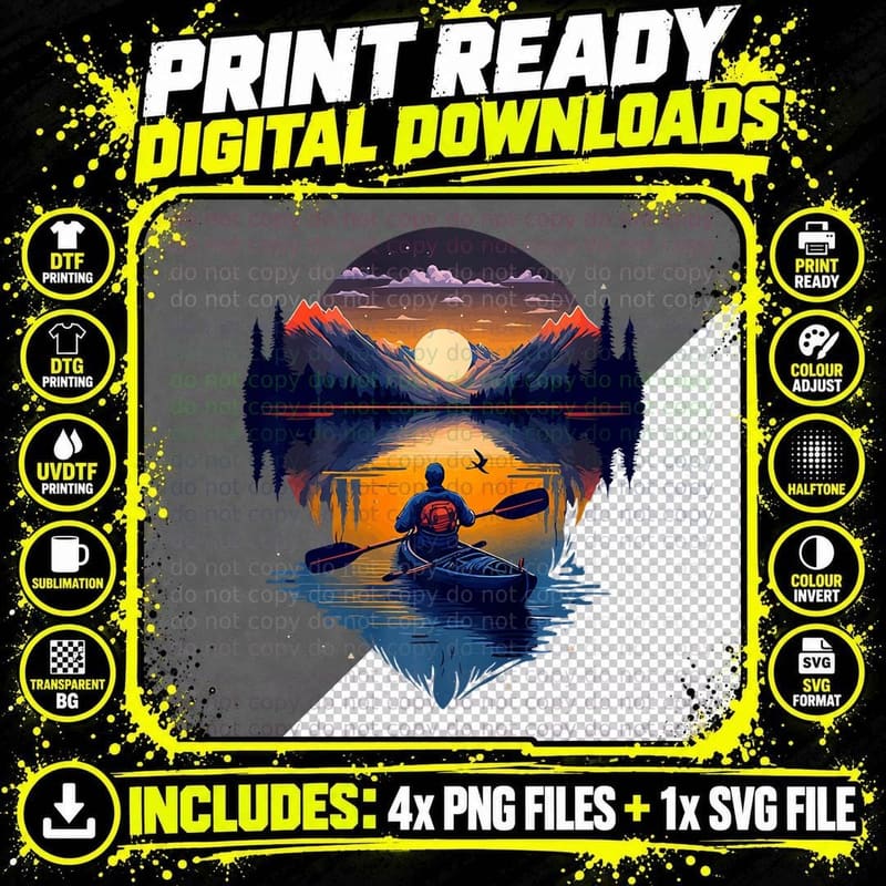 Kayak Kayaker Kayaking on the Canoe Lake Mountains Water Png SVG Digital Bundle
