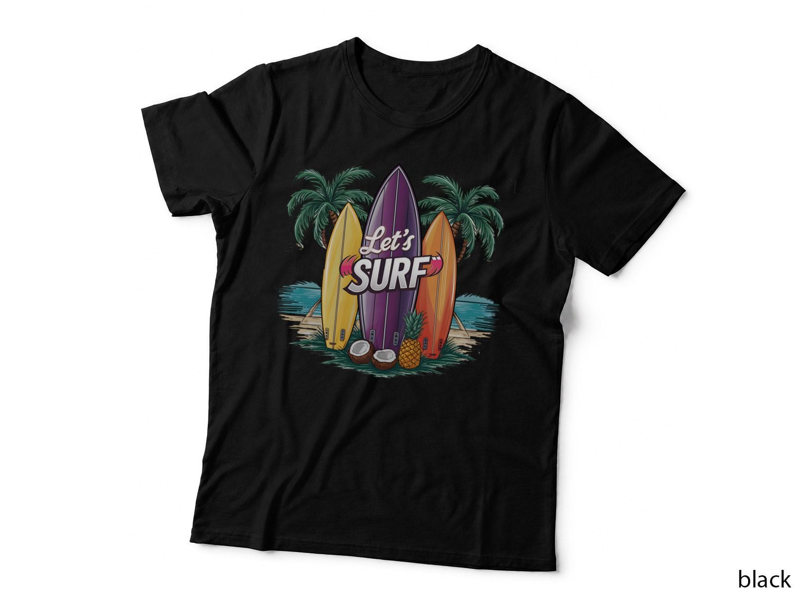 Let's Surf Summer T-Shirt, Three Surfboards Palm Trees Sunny Tee
