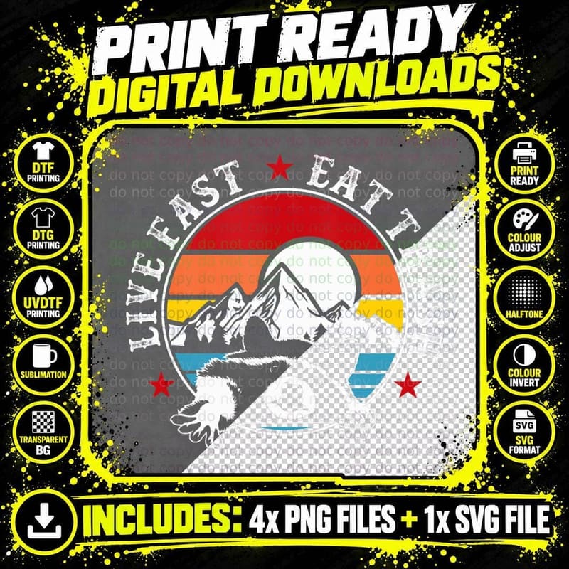 Live Fast Eat Trash Funny Raccoon Camping Vintage Png SVG Digital Bundle