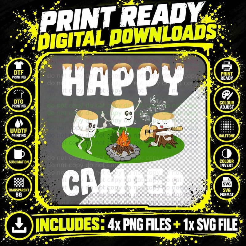 Marshmallows Happy Camper T-Shirt RV Life Camping Png SVG Digital Bundle