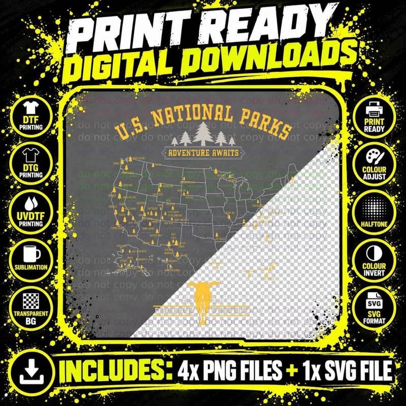 National Parks Map - Vintage American Hiking Camping Png SVG Digital Bundle