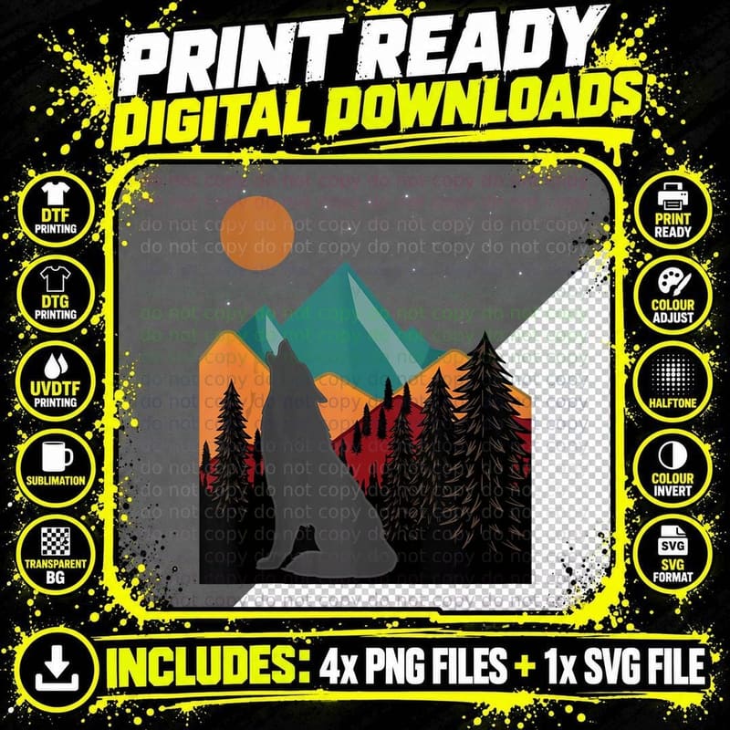 Outdoor Camping Style Wolf Moon and Mountains Adventure Png SVG Digital Bundle